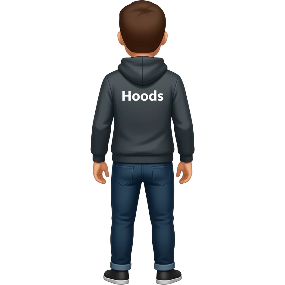 Homme en entier. « Hoods » écrit à l’arrière du pull. 5 chemins emoji