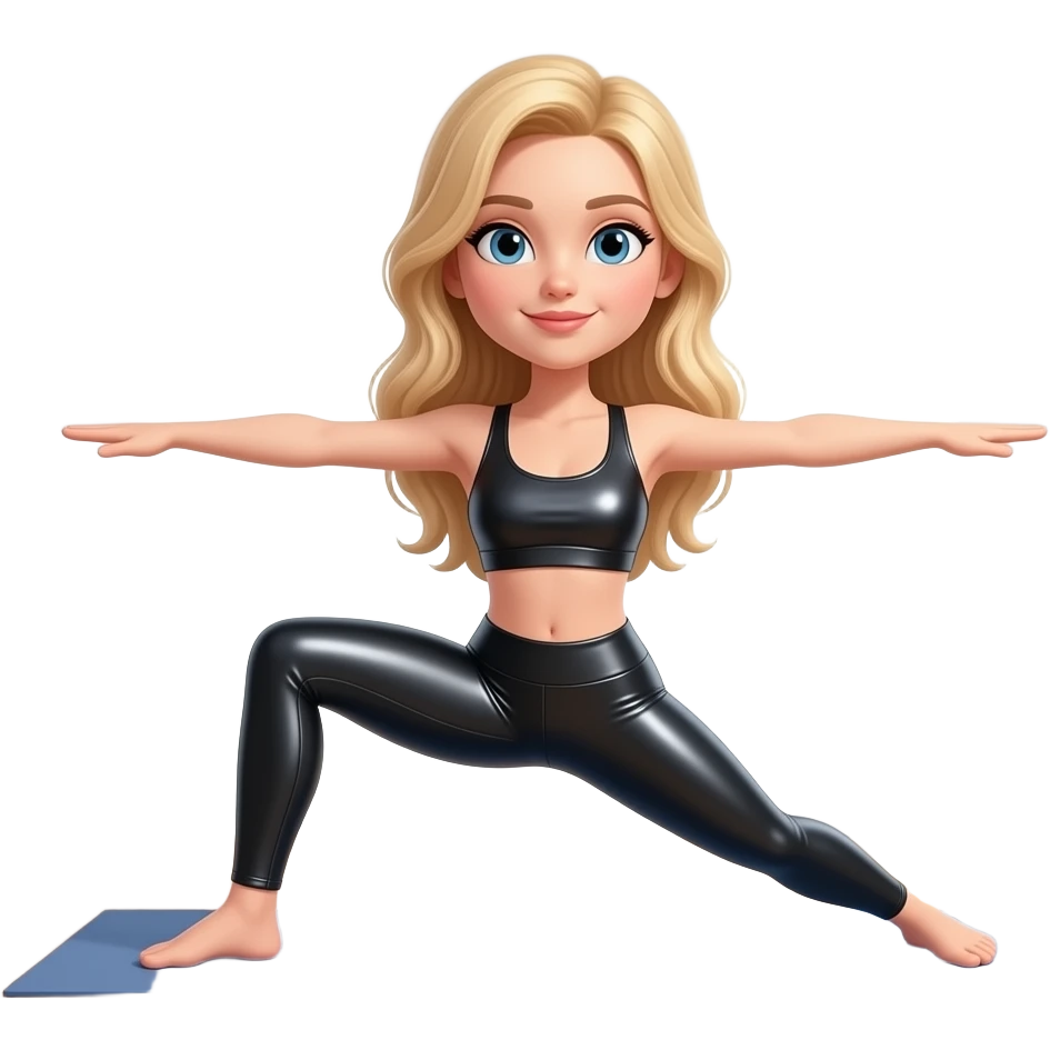 Blonde girl in shiny leather leggings doing yoga emoji