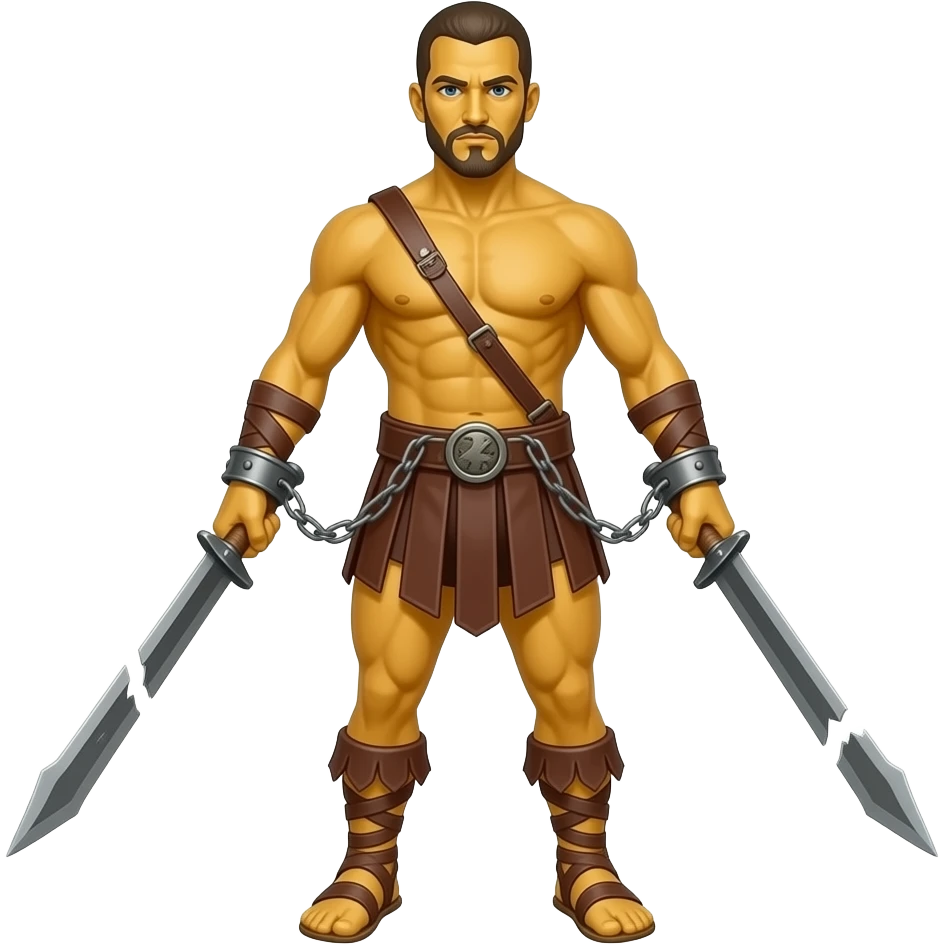 spartacus, minimal, full body, yellow skin, tipical emoji caracter style, more emojis style, more minimal, with weapons, more simplistic, emoji style, not to detail, not to cartoonish, not to realistic, shackles on wrist with broken chains emoji