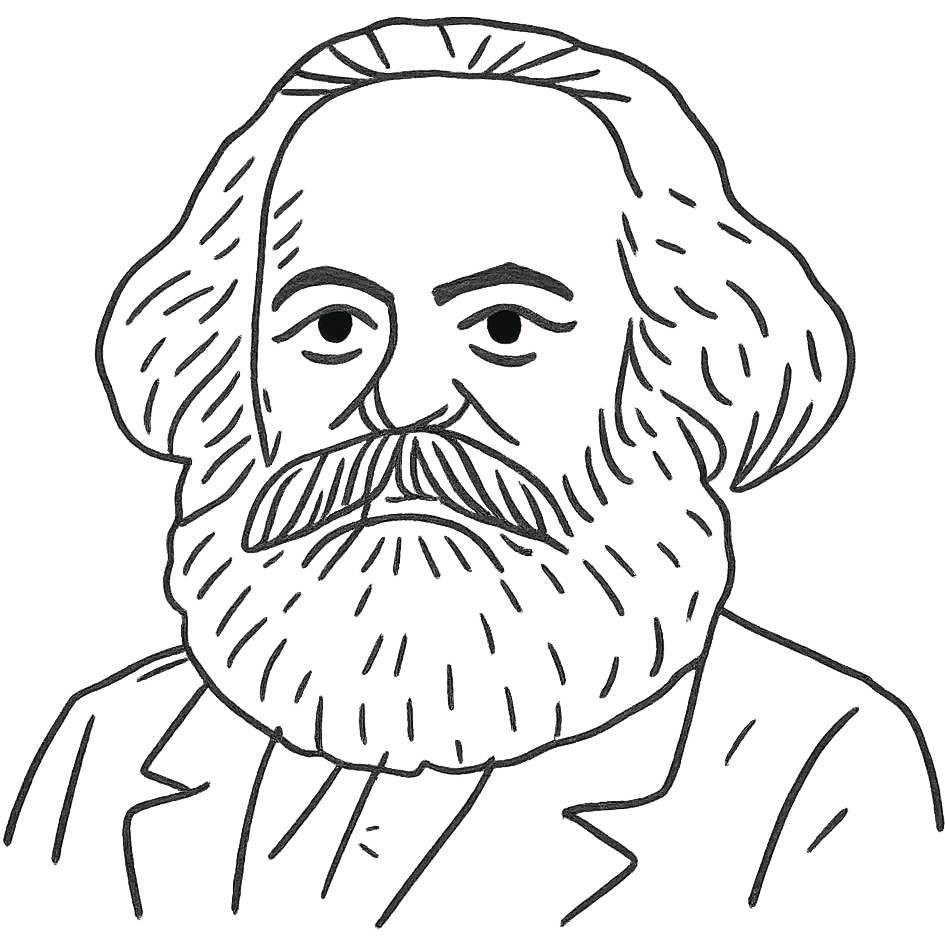a black outline portrait of Karl Marx based on a famous portrait of him ...