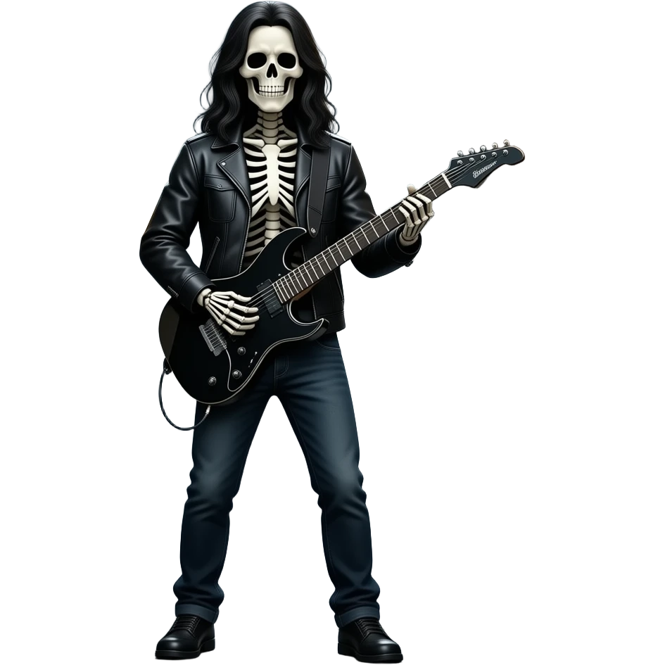 A full body long haired skeleton playing a B.C. Rich Warlock guitar emoji