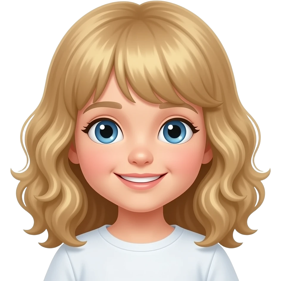 white kid blue eyes mid length hair to shoulders with bangs soft curly hair to shoulders in color: middle to little darker blond. having quality time together. loving emoji