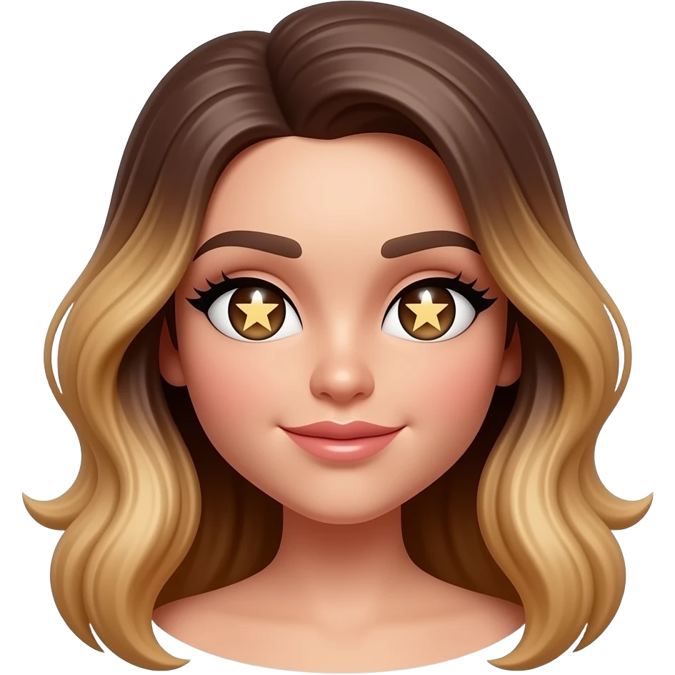 Luxury 3D girl emoji, glamorous makeup, withs stars in her eyes,dark eyes, long sleek blowout hair with honey blonde balayage, lightly tanned skin, glossy nude lips, soft lighting, chic Instagram aesthetic, ultra realistic. emoji