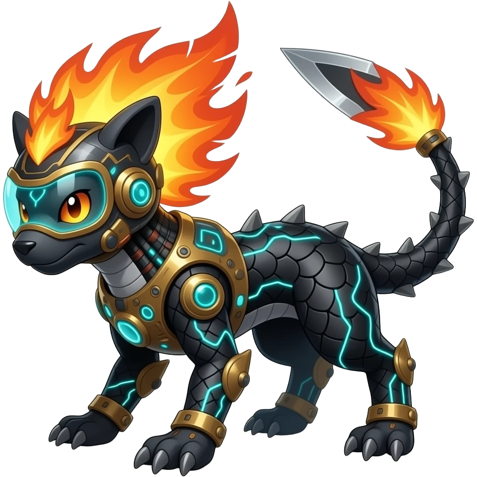Cool edgy fiery bipedal furry cybernetic electrical visor-helmeted, Circuitry-patterned black-scaled digitigrade futuristic fantasy-Cyberpunk-Steampunk-Solarpunk-Genesect-Cyclizar-Salazzle-Protogen-Fakémon-animal-hybrid, with neon feather-mane, and a tail blade, back spikes emoji