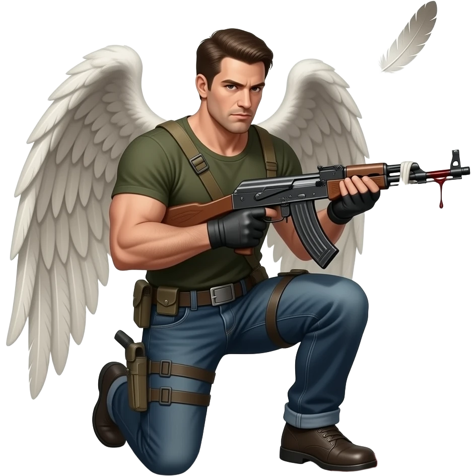 War angel guy kneeling with uzi , blood rag and drop blood leaking out uzi , and angel wings with ring over head and one feather falling off emoji
