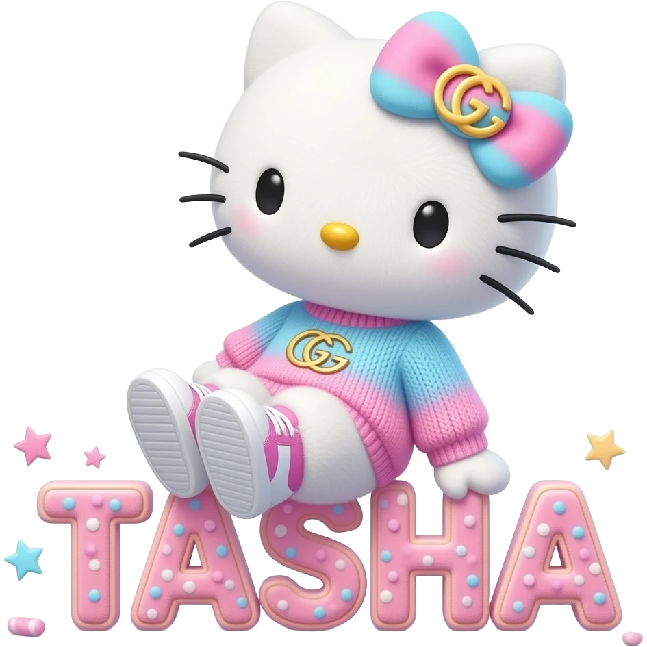 4D Velvety fur hello kitty wearing ombre white and blue and pink ombre pastel colored sweater and sneakers, and with the Gucci symbol on her ombre pastel bow sitting sideways leaning back on top of the velvety 3D outlined letters TASHA surrounded with tiny ombre pastel stars made of candy emoji