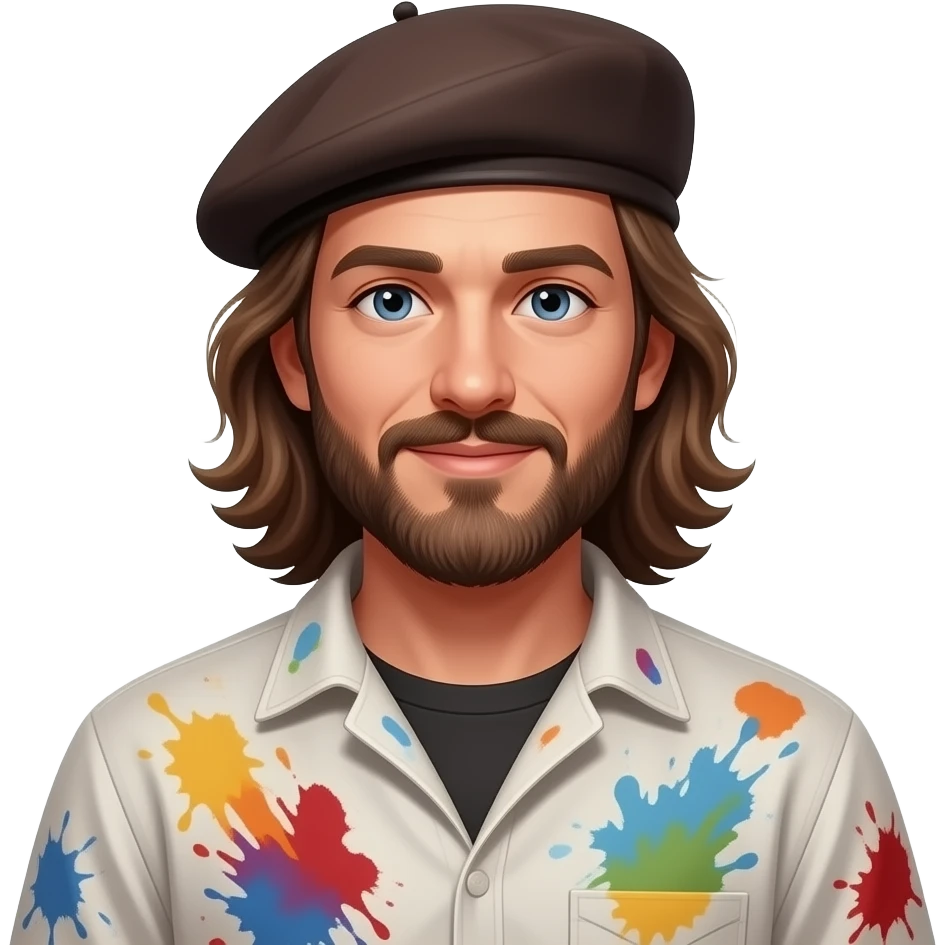 long hair male artist with beret paint-splattered smock emoji