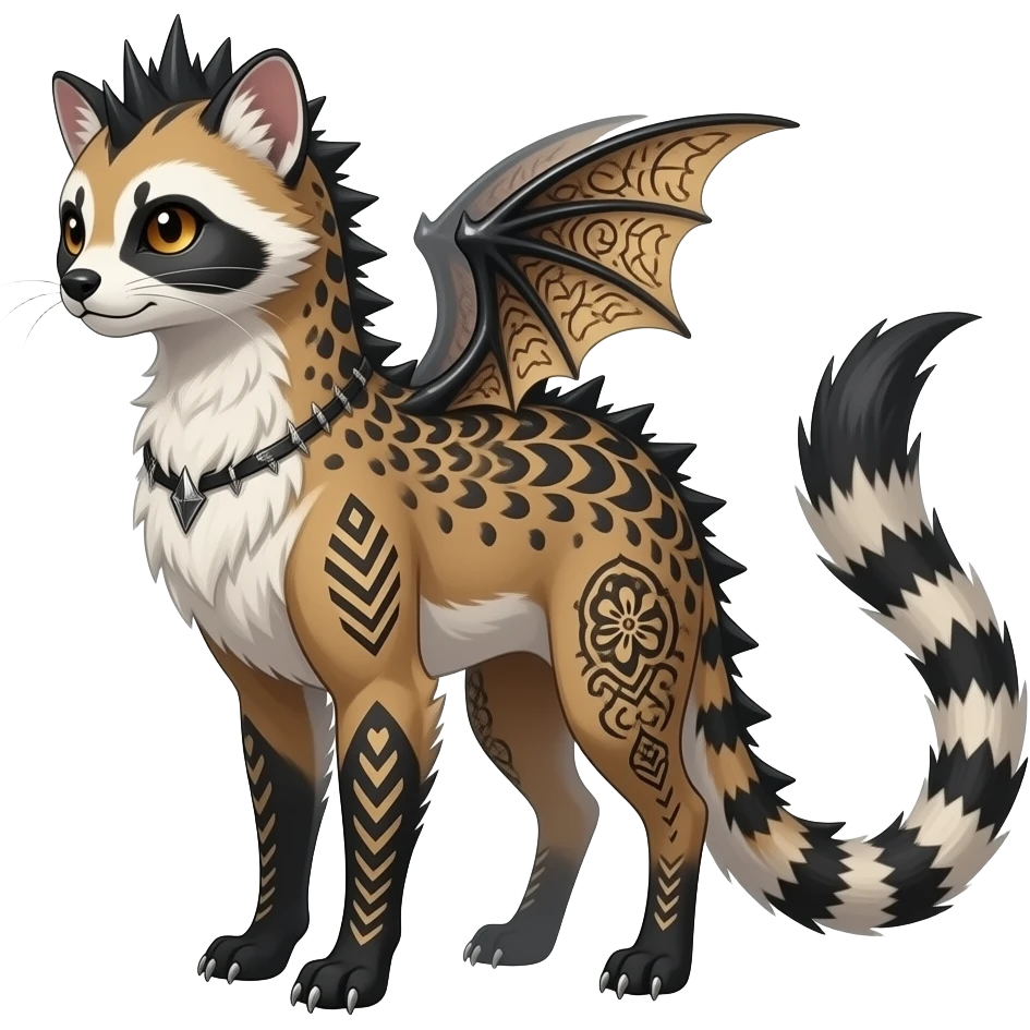 scaly fuzzy spiky finned frilled spunky gothic Realistic tall slim unique original shiny edgy cool steampunk-cyberpunk-solarpunk-fantasy-Civet-Absol-Sprigatito-Vaporeon-Fakémon-hybrid with tribal chevron heart floral lightning bolt strikes damask paisley markings emoji