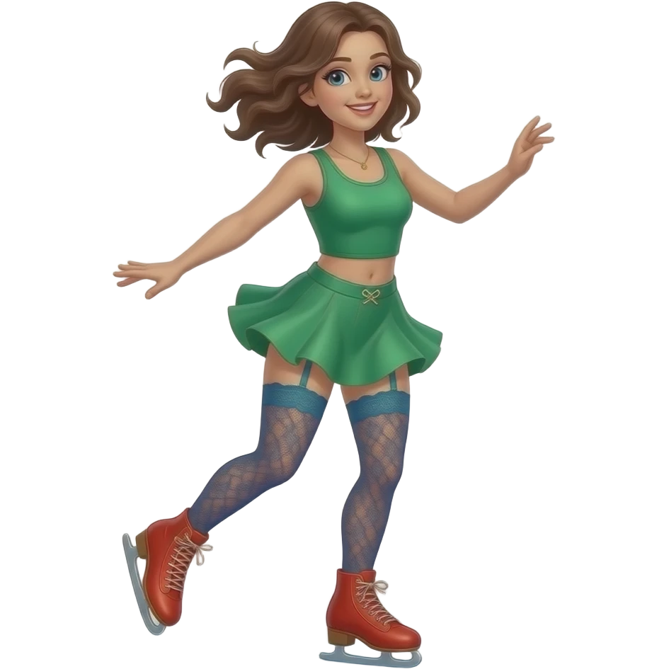 Girl(With Red Shoes With Orange Trim) Jumps And Lifts Green Short Dress Without Sleeves Up To See Blue Lace Stocking With Teal Garter Belt With Lace Yellow Panties And Belly Button In Skating Windy Dancing.(Visible Panties And Belly Button). emoji
