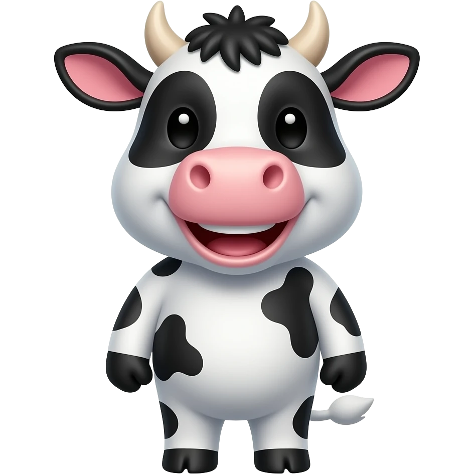 Happy cow emoji, smiling expression, tiny horns, pink ears, glossy cartoon style, playful and adorable, high-quality emoji icon emoji