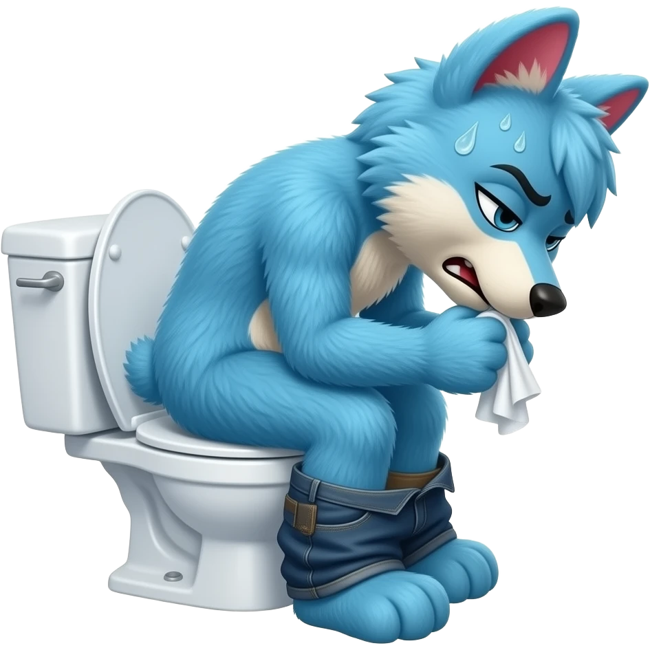 blue fursuit sitting on toilet, side view , pants down, pushing, straining face,  uncomfortable, wiping , sweating, red face emoji
