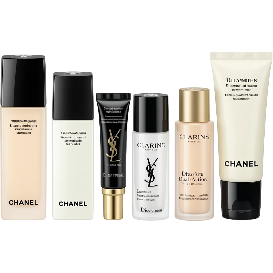 Chanel toner and lotion, Yves Saint Laurent eye cream, Dior face cream, Clarins Dual-Action Serum, Chanel facial cleanser, and a sheet mask, all neatly arranged emoji