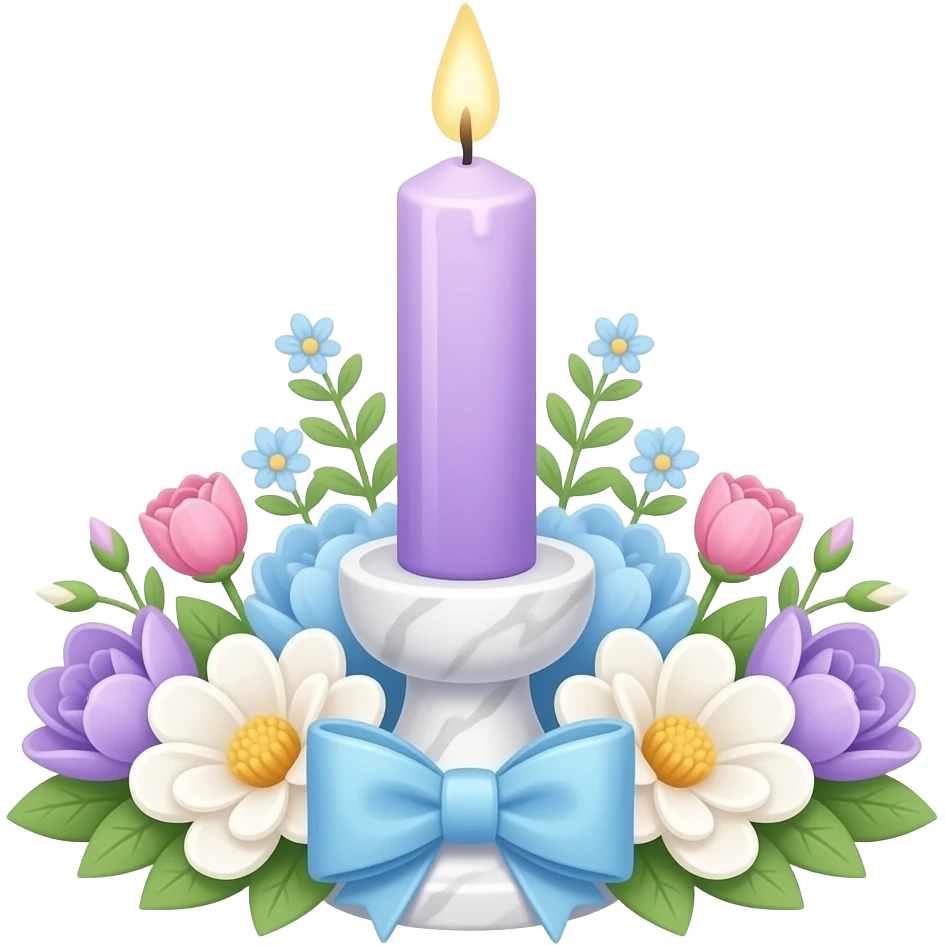 glossy soft smooth Thin tall neat petite cute slim dainty narrow Pastel violet vintage candle on a white marble-candle-holder-stand, flowers, bow tie, light-blue, pink, white, pastel purple emoji