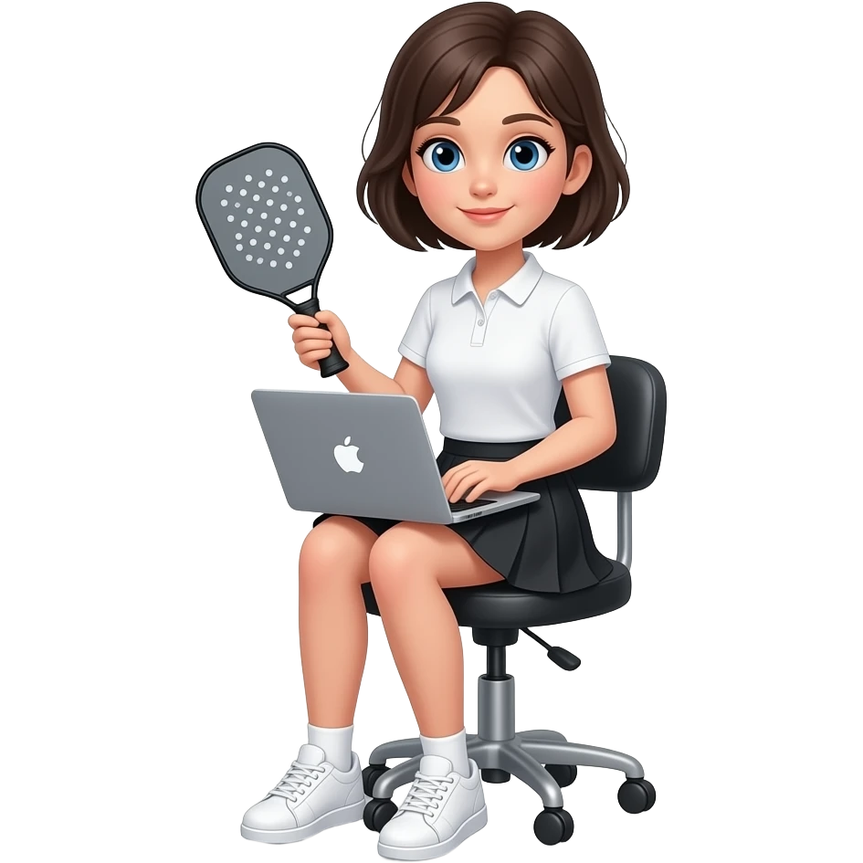 short haired blue eyes girl working on apple mac notebook, sitting on high rotating chair,holding pickleball gray paddle white polo shirt, black skirt, white snickers emoji