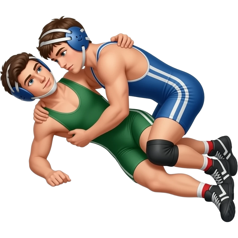 Erstelle ein Bild von zwei Uni-Wrestler in kurzen, knappen und engen Wrestler-suits, die beiden haben unterschiedlich Farben an (Grün und blau) und sie ringen liegend miteinander auf dem Boden emoji