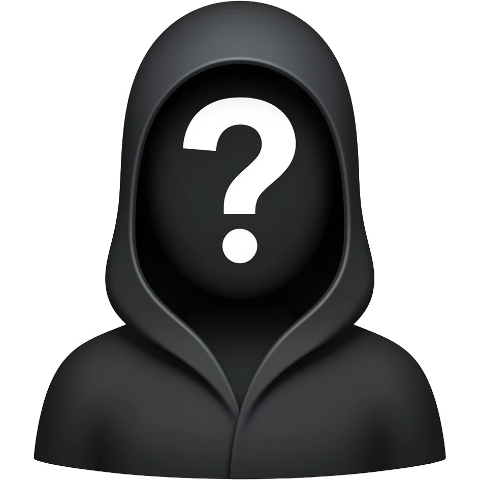 Create a 3D emoji-style icon of a mysterious person. The person is fully blacked out with no facial features and has a white question mark on the face. Minimal, modern, rounded design with soft lighting and transparent background. emoji