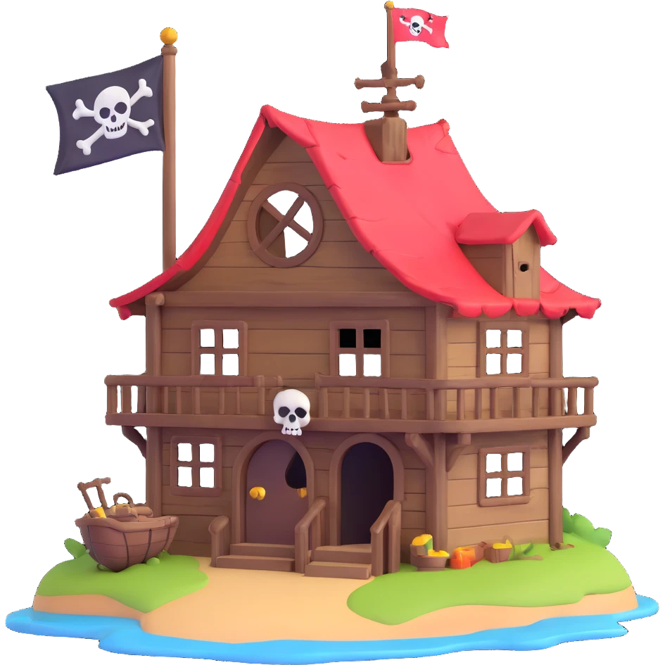 old pirate's house with skull flag emoji
