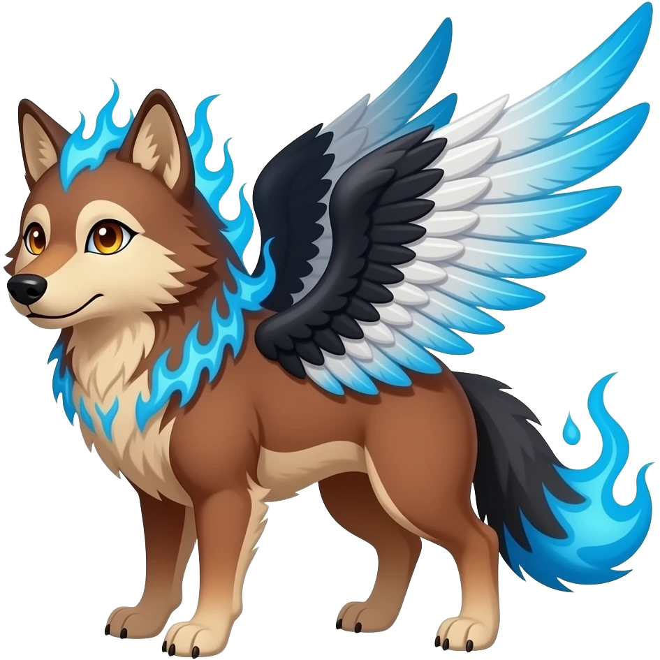 A russet brown wolf with orange blue and gold eyes , black white and blue wings, blue flames in the fur and three tails emoji