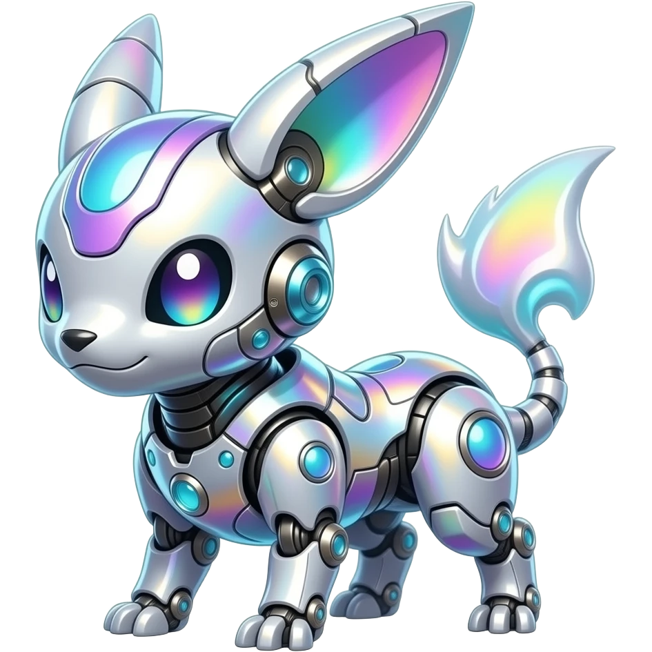 Epic legendary rare mechanical Shiny sparkly transparent bioluminescent luminescent vibrant bright pastel dark exotic iridescent colorful gradients futuristic modern metallic glossy glittery fantasy-cyber-Protogen-Fakémon-Pokémon-Vernid-creature emoji