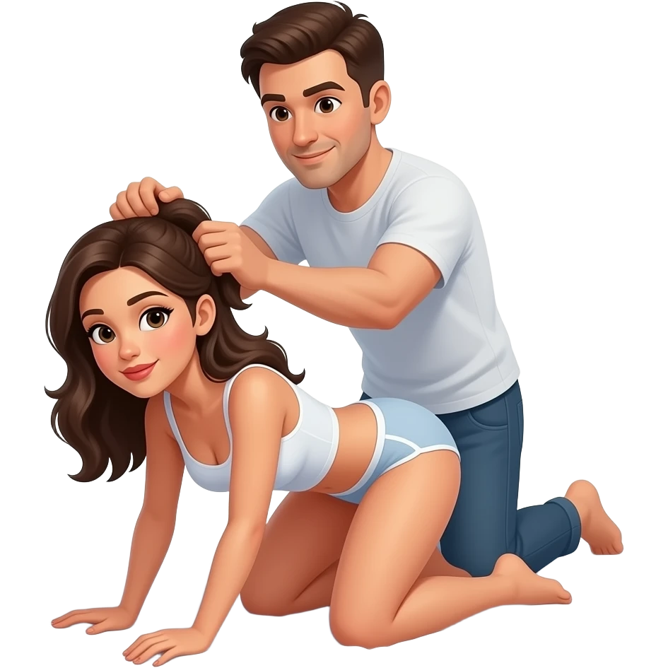 Woman laying on her knee and hands on a bed with man behind grabbing hier hair emoji