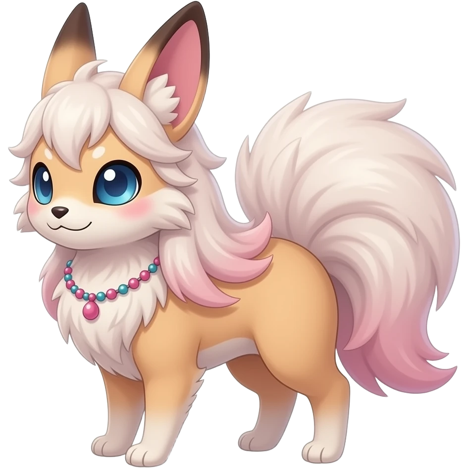 Fuzzy slim oriental feathery long-haired beaded mane cozy rosy aesthetic feathery Rosy beautiful Sylveon-Furret-Minccino-Espeon-Fakémon-hybrid emoji