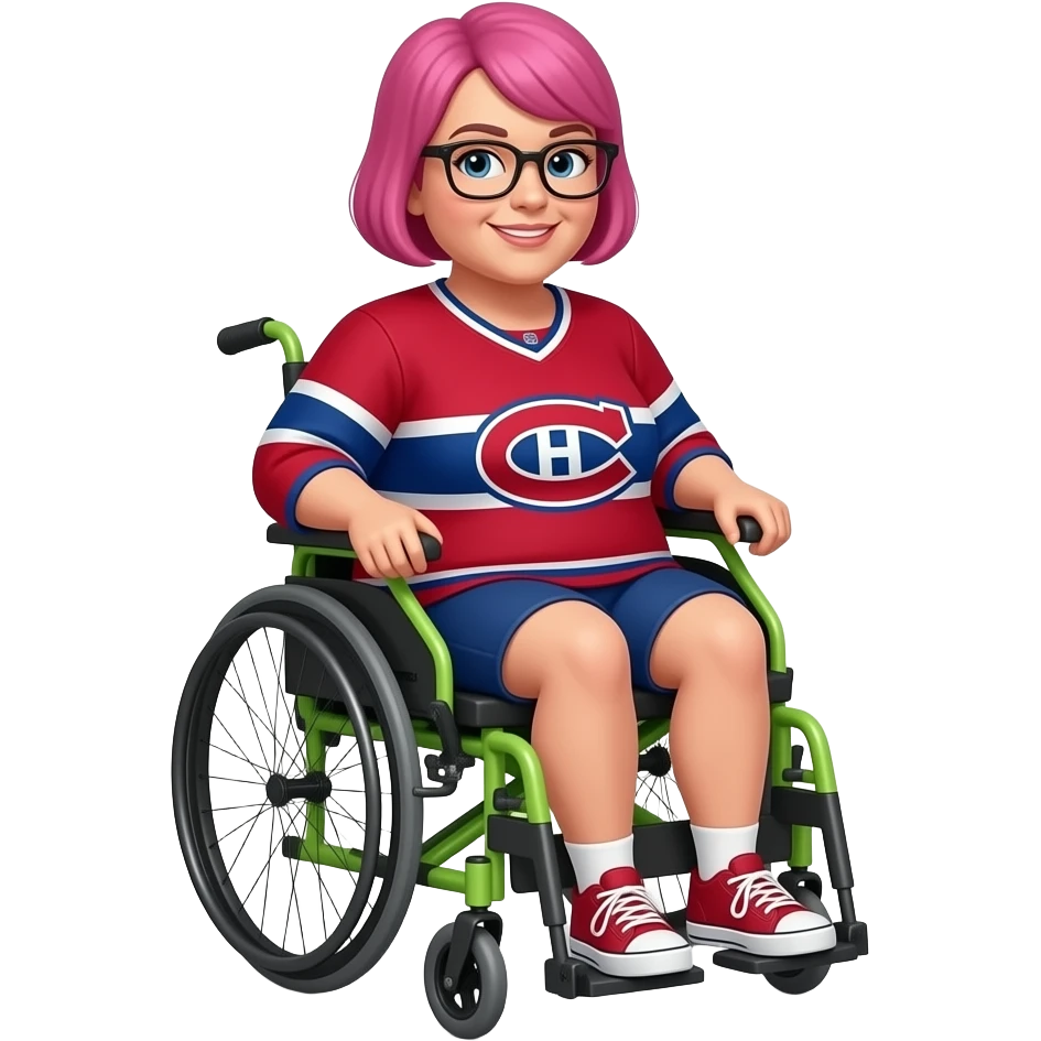 fat woman with very short pink hair and eye glasses canadiens jersey lime green electric wheelchair emoji