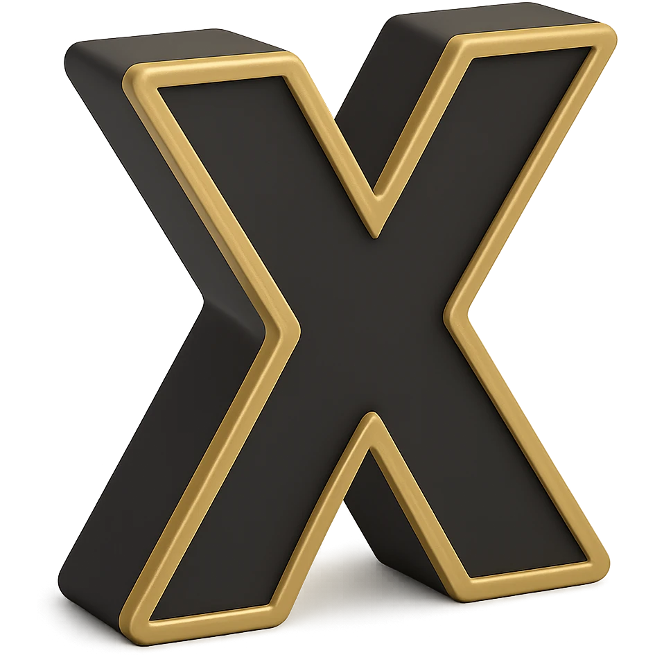 Create the letter X in the 3D Black style, matching the bold, clear, gold-edged look of the reference letter A. emoji