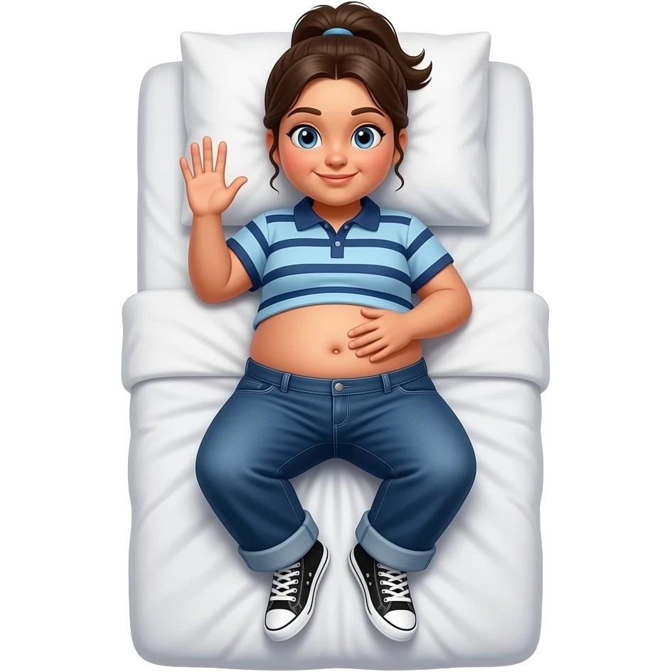 Obese Hispanic girl with brown ponytail and blue eyes light blue dark blue lined polo and dark blue baggy jeans and belly button and black and white sneakers laying down on the pillow in bed waving her tummy emoji