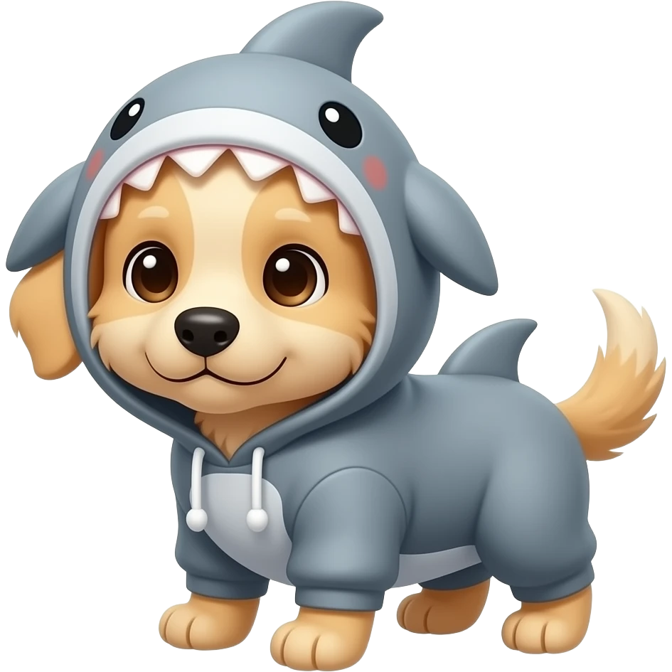 cute blonde puppy with grey shark hoodie pointing DOWN emoji