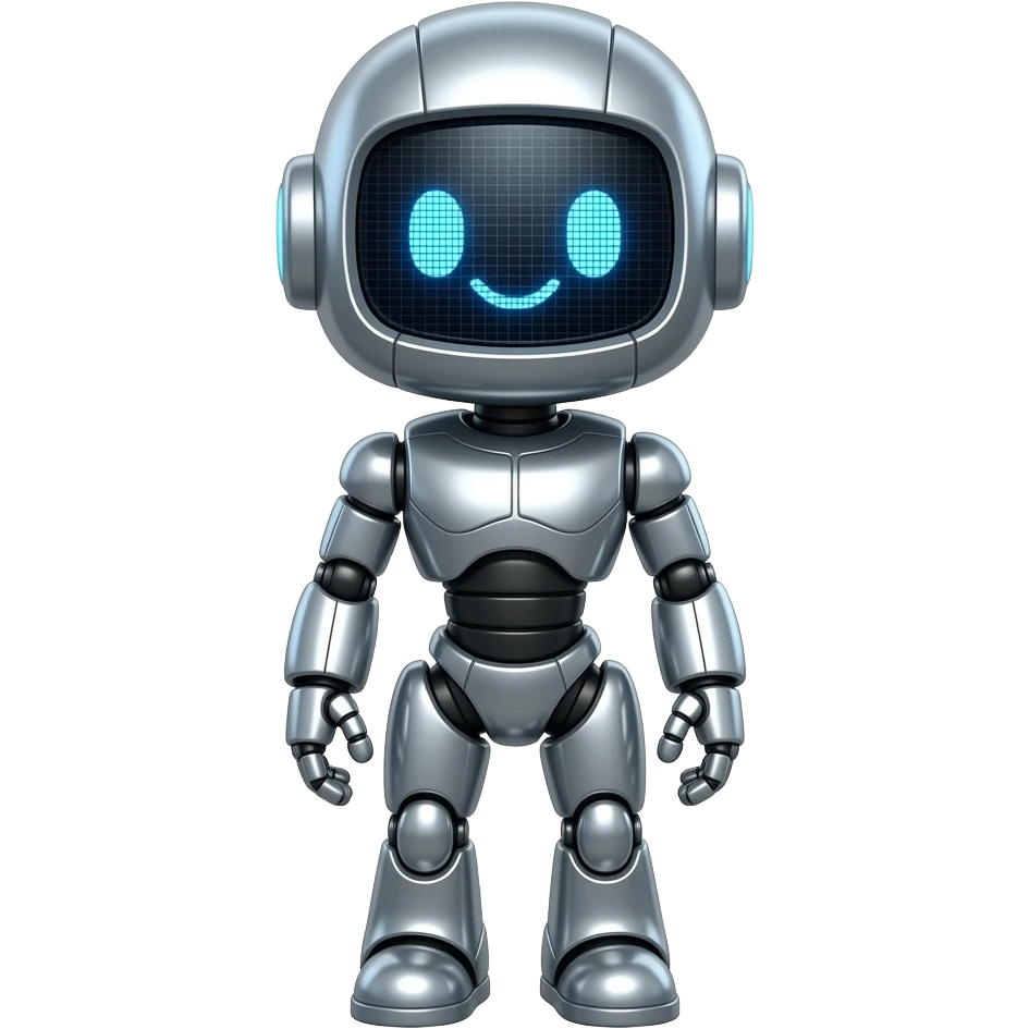 A sleek, bipedal automaton made of smooth metallic chrome plating that reflects deep indigo laser streaks, with a digital grid screen face displaying a cute blushing expression, standing on a plain solid background. emoji