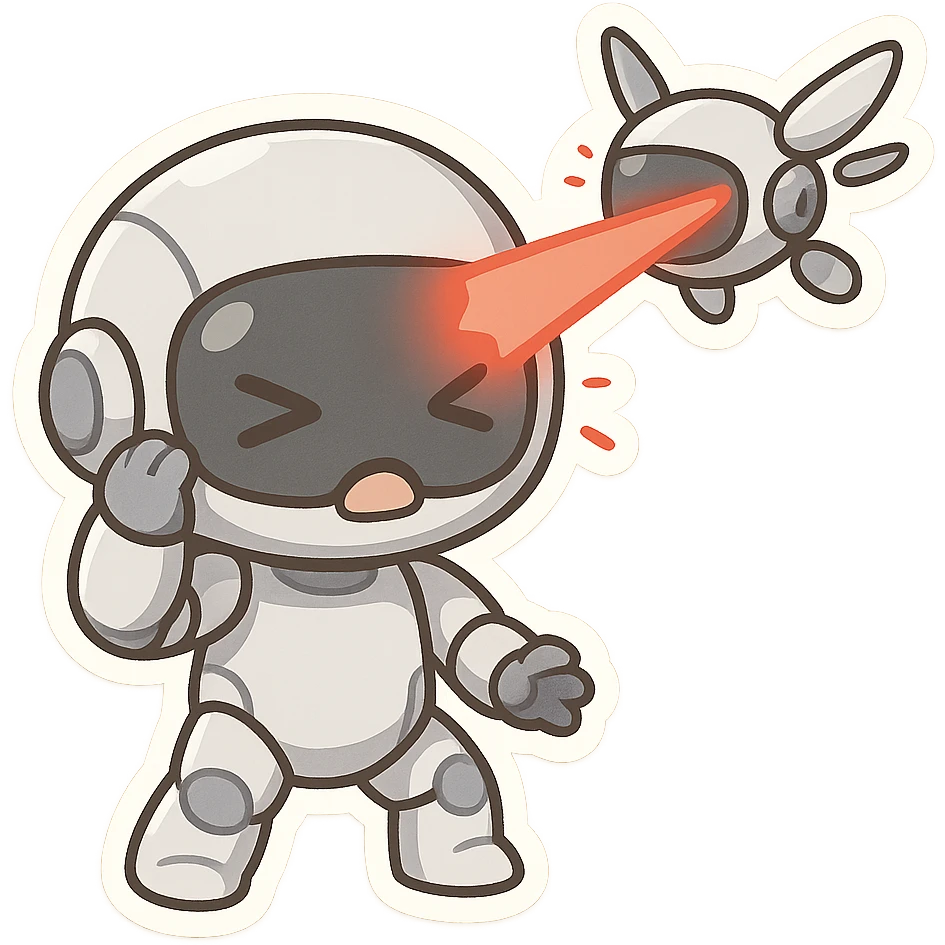robot being hit with a red beam by a flying robot emoji