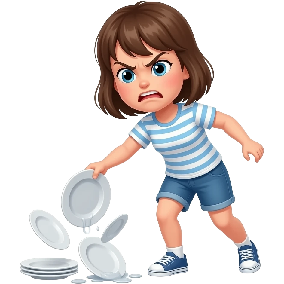 an angry girl standing and drops dishes on the floor emoji