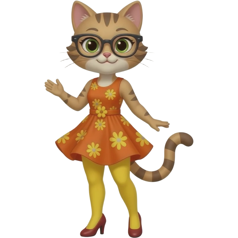 Mrs.Kat(Wolfoo's Teacher(Orange-Yellow Mother Cat Of Kat(With Orange Short Dress With Yellow Flowers Without Plants Without Sleeves With Tiny Orange Belt With Yellow Flowers Without Plants, Dark Red High Heels Shoes, Black Eyeglasses And Visible Yellow Shorts(Like Leggings))))With Windy Lift Dress. emoji