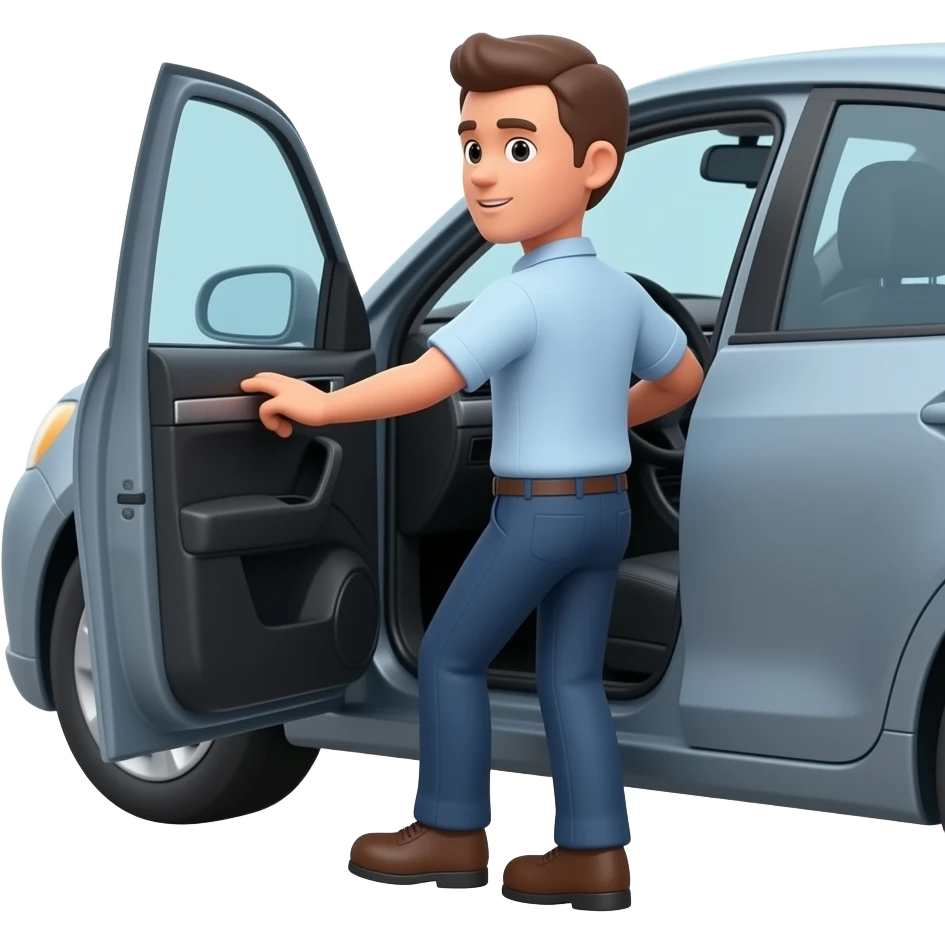 Educational 3D emoji scene showing person safely exiting car, driver  looking back over shoulder checking for traffic before opening door,  one hand on door handle, cautious exit, side view, cartoon style,  safety demonstration, white background emoji
