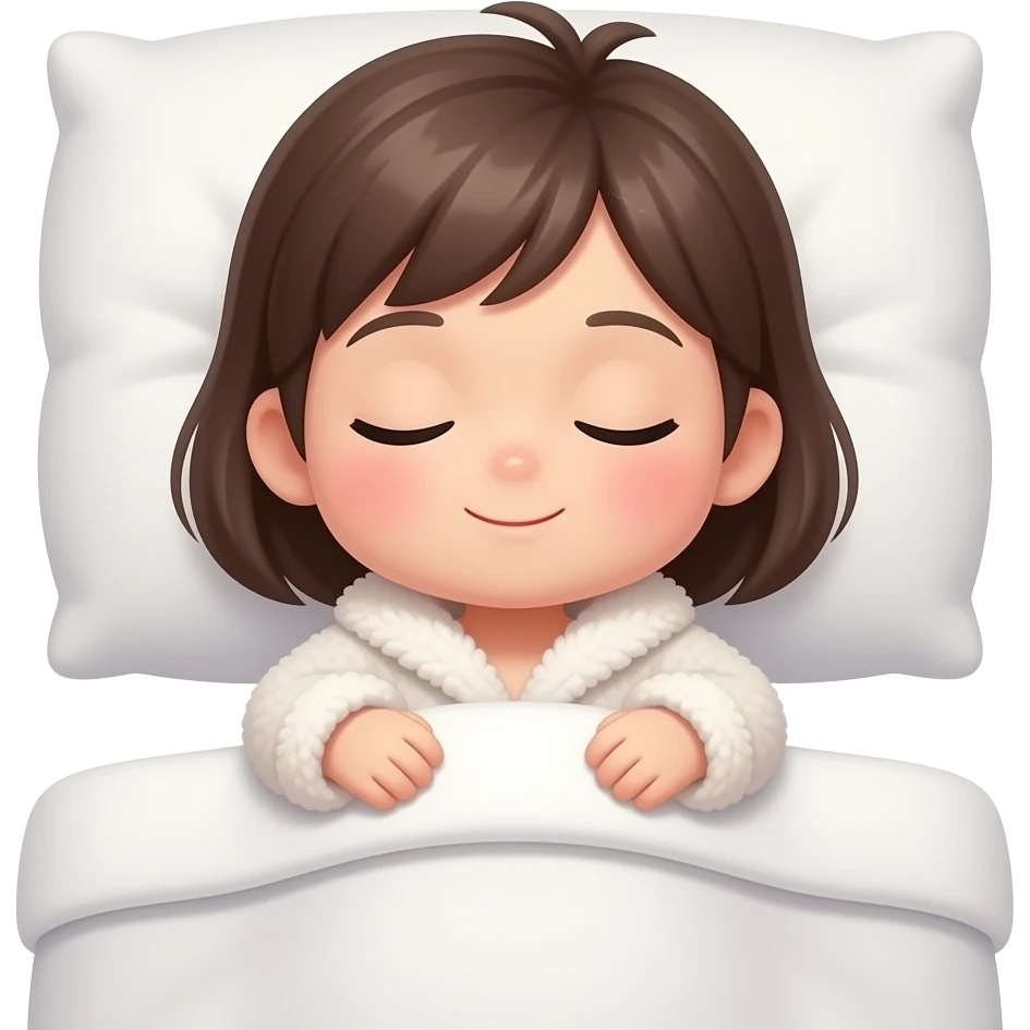 A cute Pixar-style 3D animated character peacefully sleeping on a cozy bed. The person is lying on their back with eyes gently closed, a soft smile on their face, covered by a fluffy blanket up to the chest, head resting comfortably on a big pillow. high quality, 8k resolution. emoji