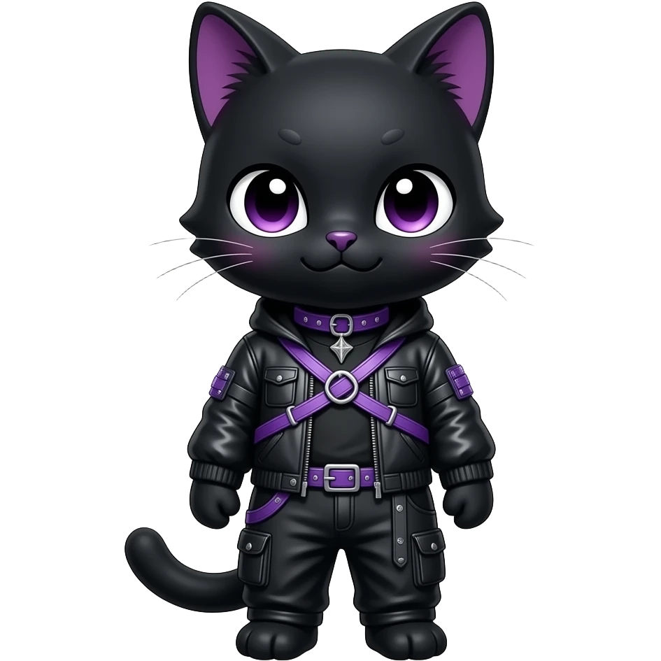 Gorgeous furry gothic dark techwear anime style anthro black cat furry sona Fakemon with blushing face aesthetic and pretty edgy black with violet collar and harness trending style emoji