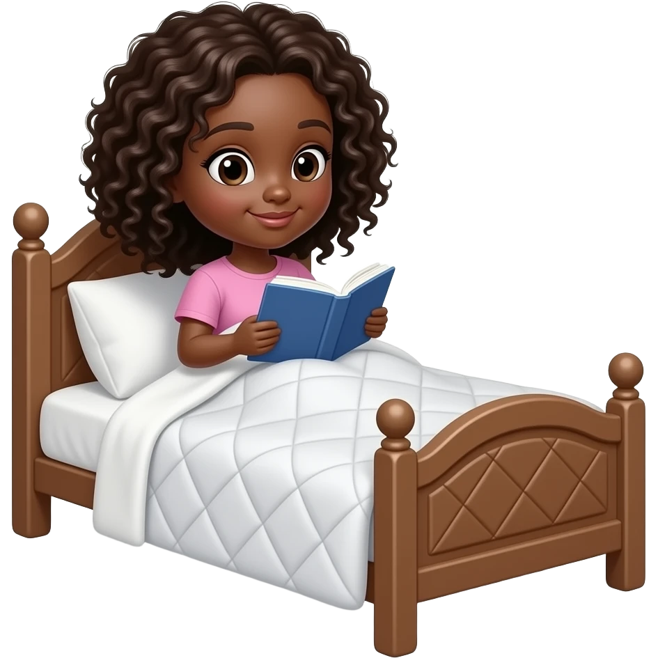 Boneca preta cabelo cacheado médio lendo livro com coberta envolta na cama emoji
