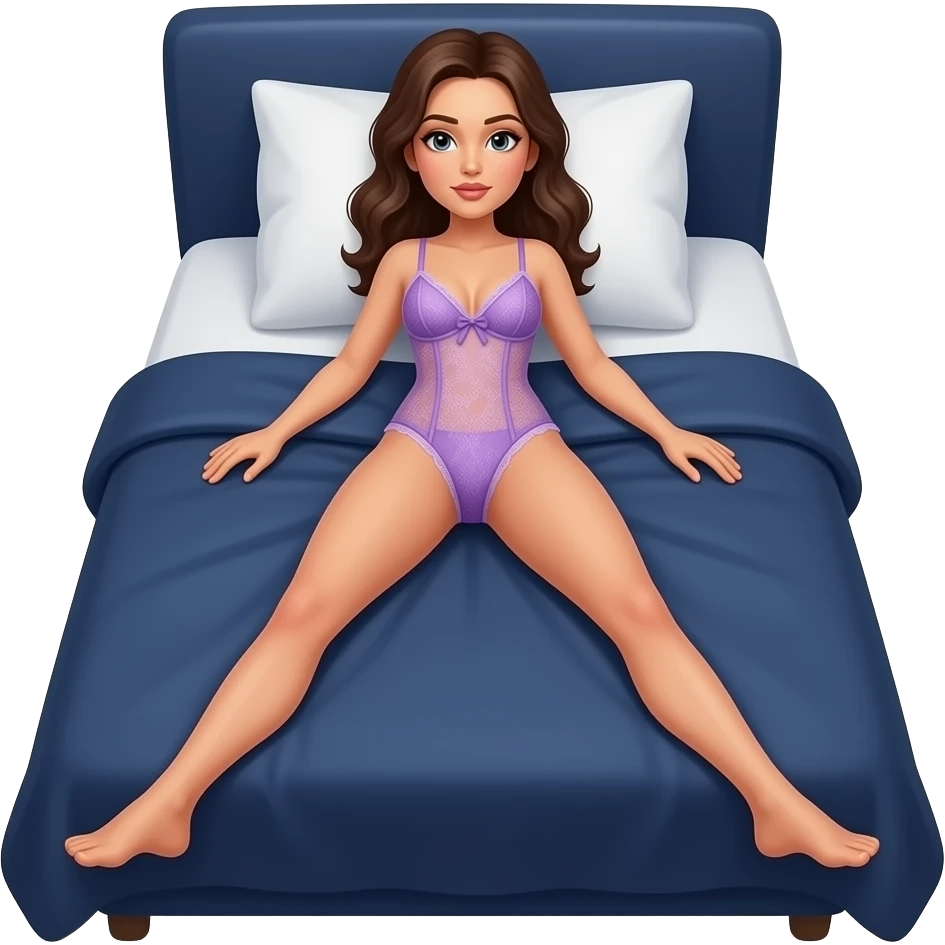 woman, in lacy purple babydoll, laying legs apart, on navy blue king size ed emoji
