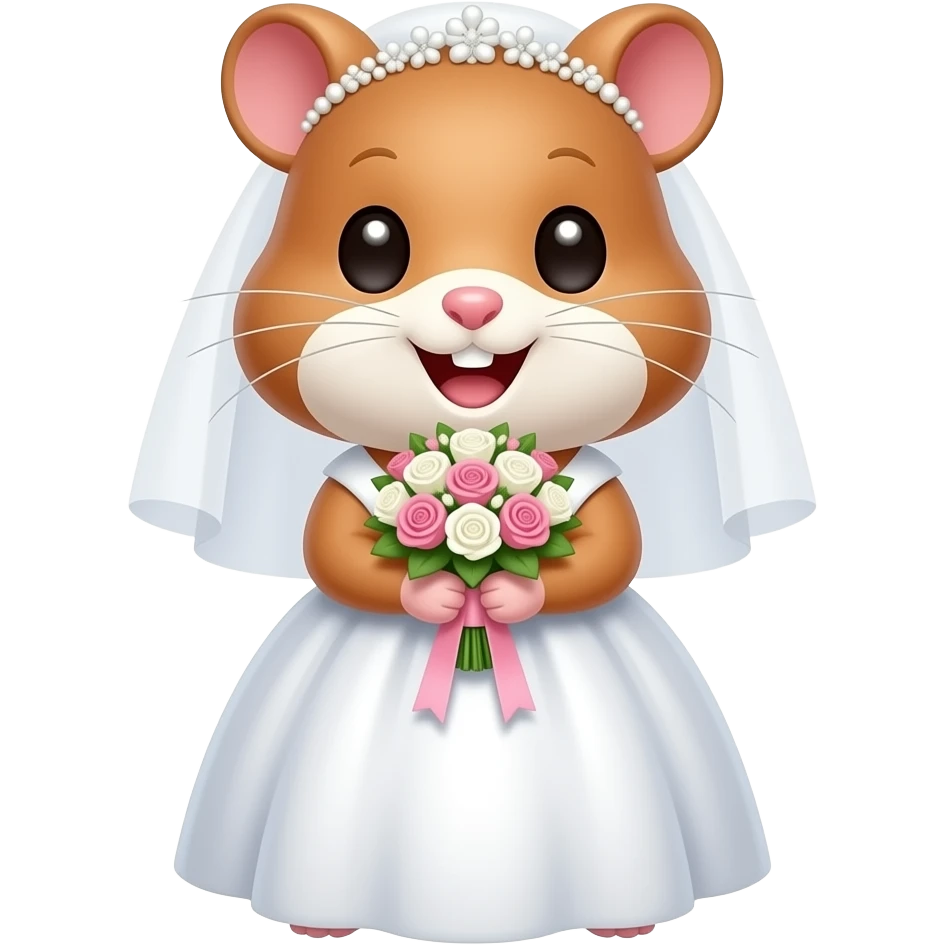 부케를 들고 활짝 웃는 귀엽고 예쁘고 깜찍한 갈색 햄스터 신부. emoji