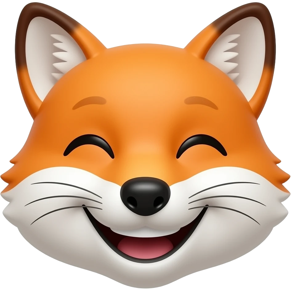 Happy fox emoji, cheerful smiling face, fluffy orange fur, white muzzle, pointy ears, playful 3D cartoon emoji, premium sticker style emoji