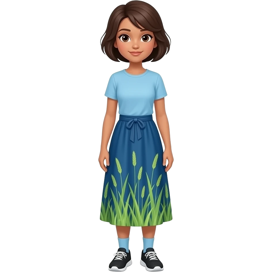 full body White/Fair skinned woman, very short dark brown hair, brown eyes and wearing a long blue skirt with a grass/plant pattern, a light blue t-shirt, pale blue socks and black running shoes. emoji