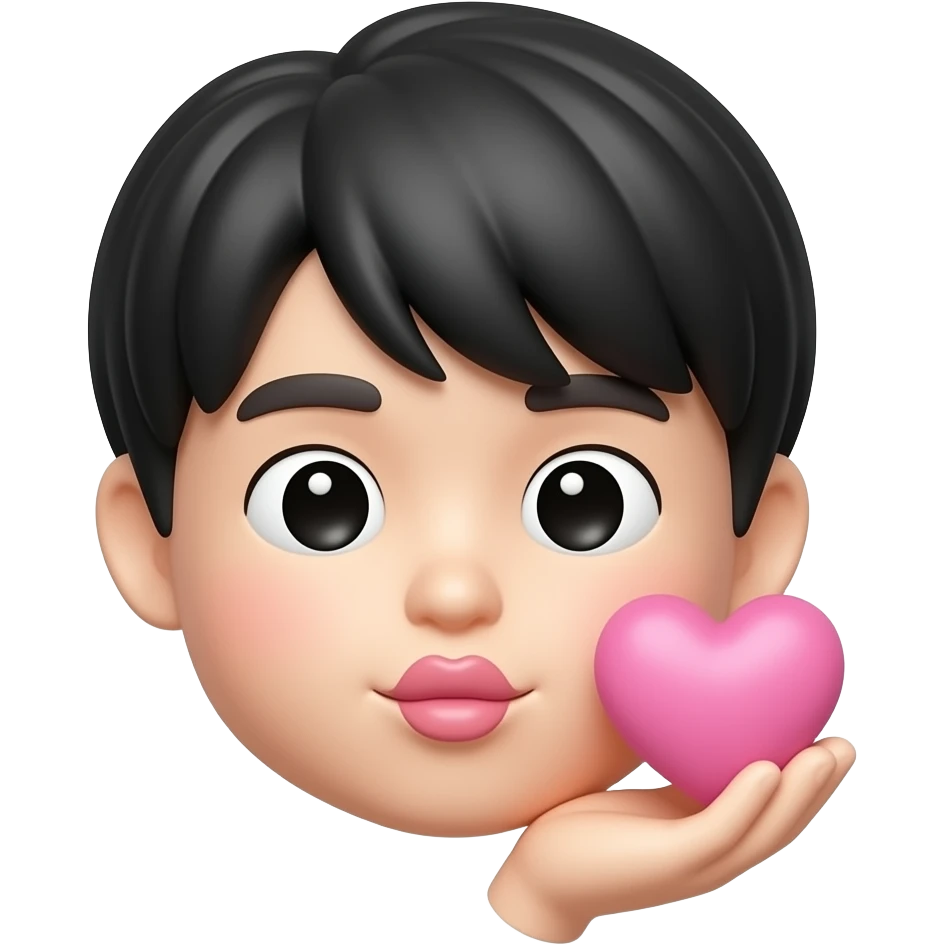 Sending kiss Cute Korean boy emoji, soft black straight bangs, pale skin, 😘 blowing lips, gentle round eyes, sending a big 3D pink heart near cheek and a hand under the heart, glossy 3D Pixar-style render, realistic Korean idol vibe, just face only emoji