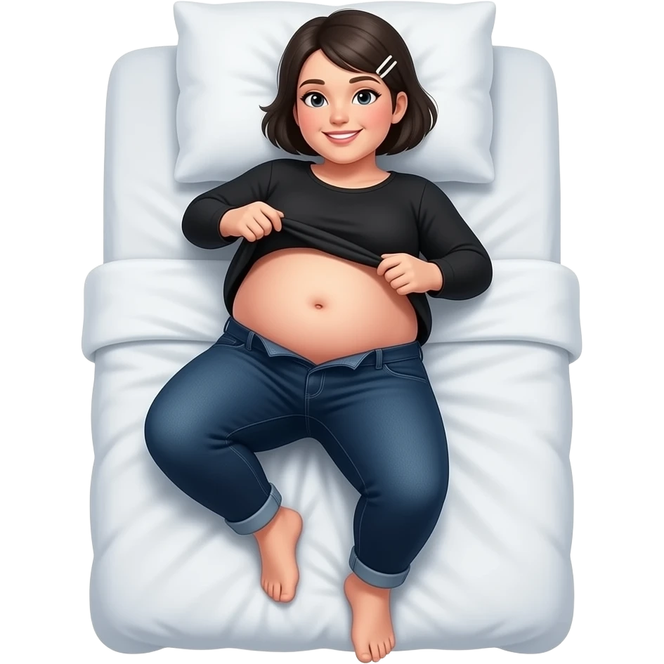 White woman with black short hair, white hair clip, black long sleeve shirt, dark blue jeans, and a chubby body laying on bed showing her feet lifting her shirt to show her chubby belly emoji