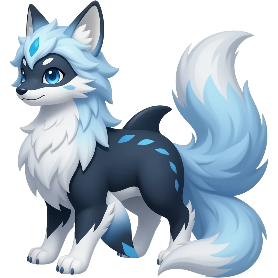 Bluish blackish whitish greyish gradients Absol-Amaura-Xerneas-Aurorus-Vulpix-hybrid with orca tail emoji