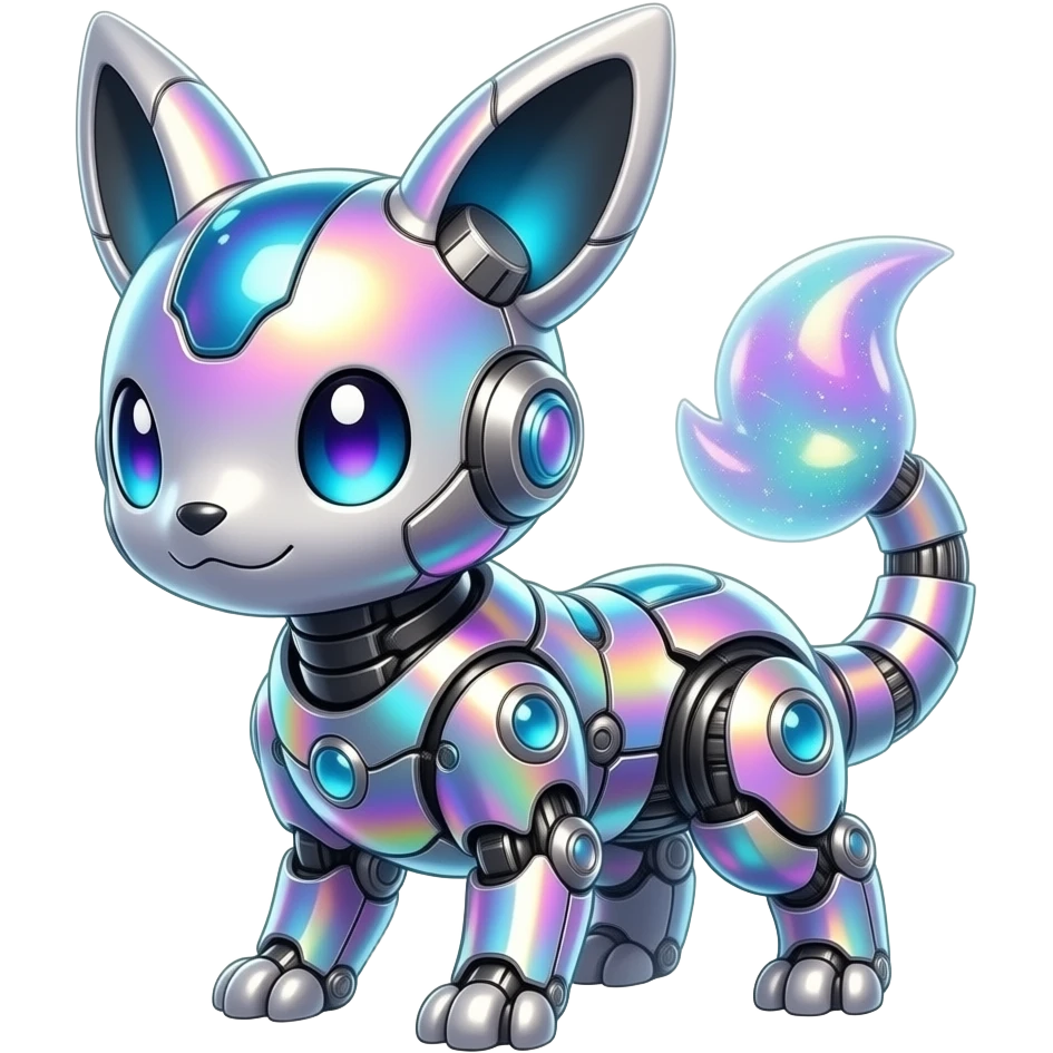 Epic legendary rare mechanical Shiny sparkly transparent bioluminescent luminescent vibrant bright pastel dark exotic iridescent colorful gradients futuristic modern metallic glossy glittery fantasy-cyber-Protogen-Fakémon-Pokémon-Vernid-creature emoji