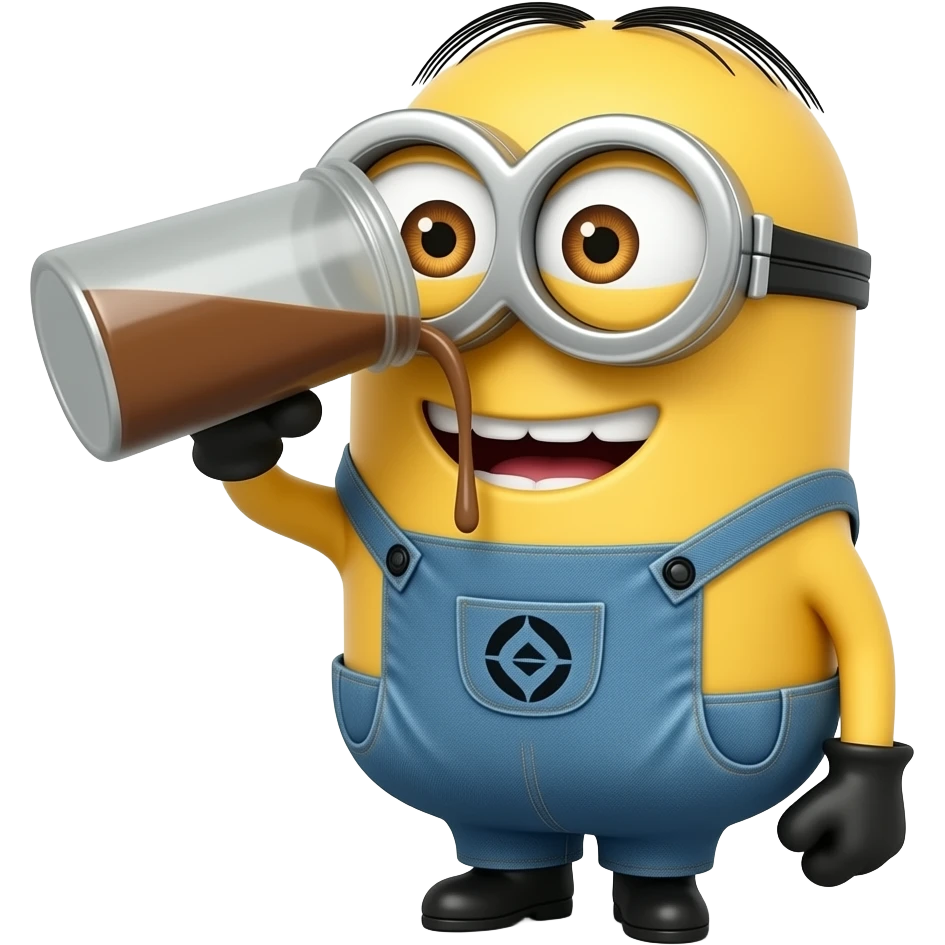 minion pouring coffee on his face and happy emoji