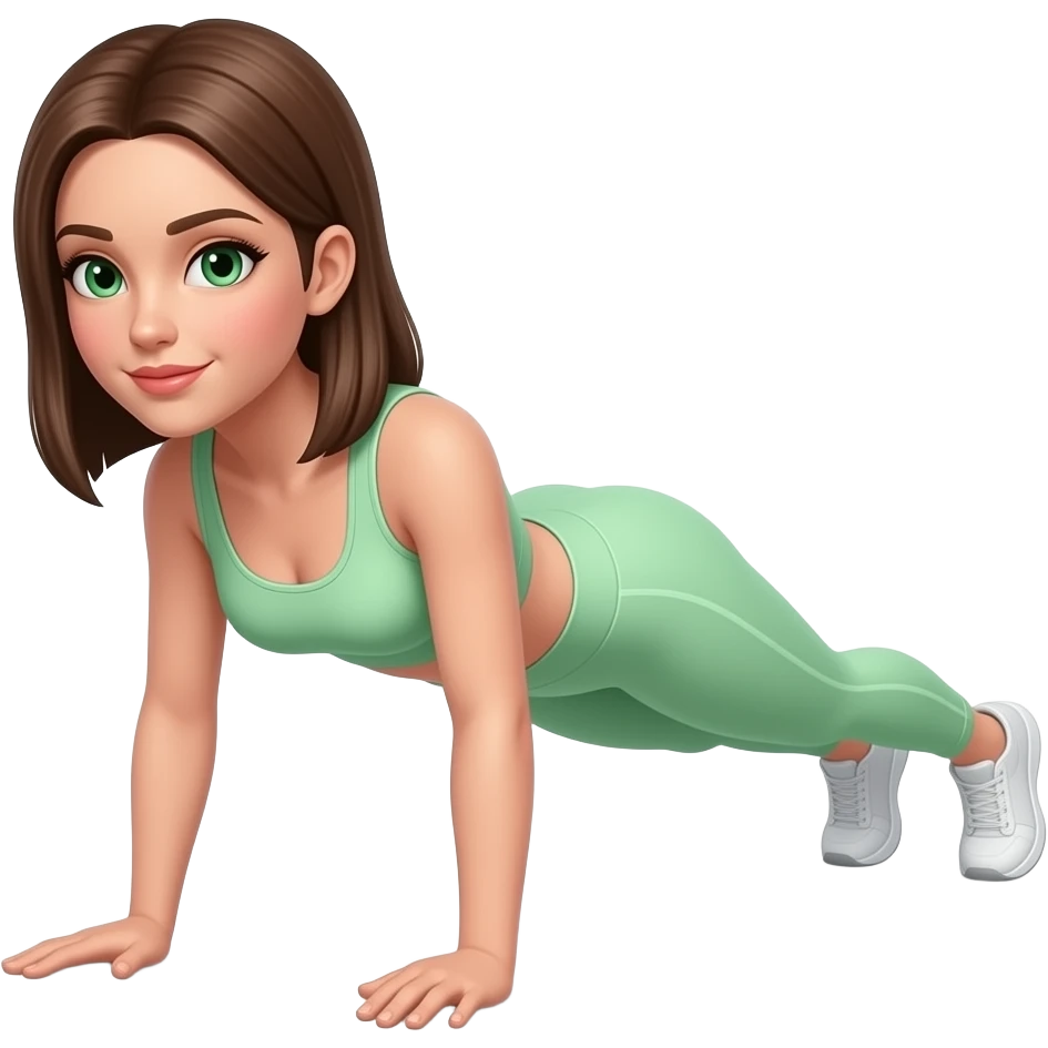 woman in a light green workout set with straight brown hair and green eyes doing a plank emoji
