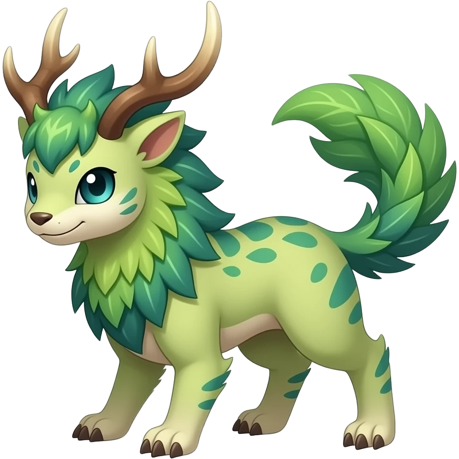Tropical feathery shamanic cultural Greenish beautiful handsome gorgeous aesthetic colorful vibrant Vernid-Trico-species-Fakemon-creature by LiLaiRa, 4 legs, 1 tail, random markings, (full body) with antlers emoji