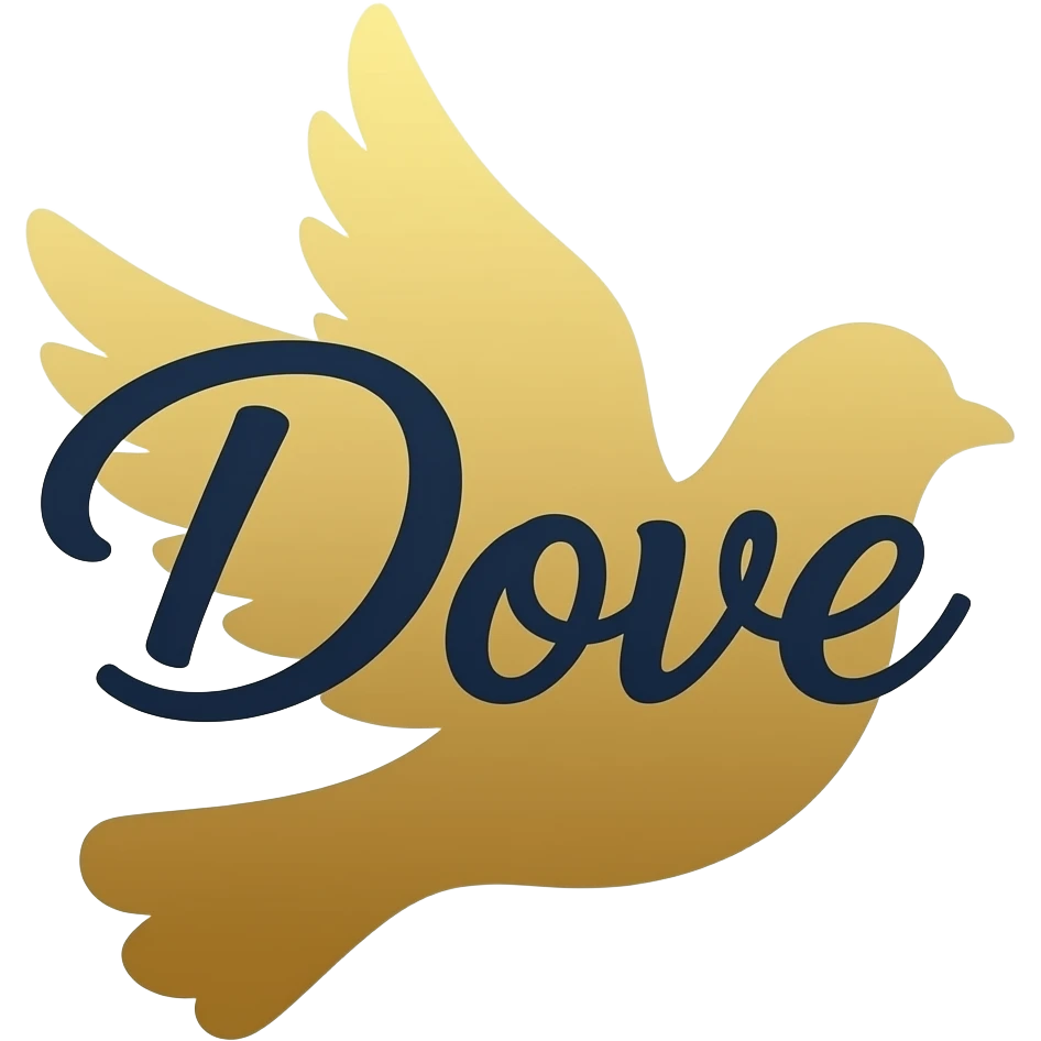 Dove: Deep navy flowing cursive script "Dove" centered above a minimalist solid golden dove silhouette, personal care brand logo emoji, white background. emoji