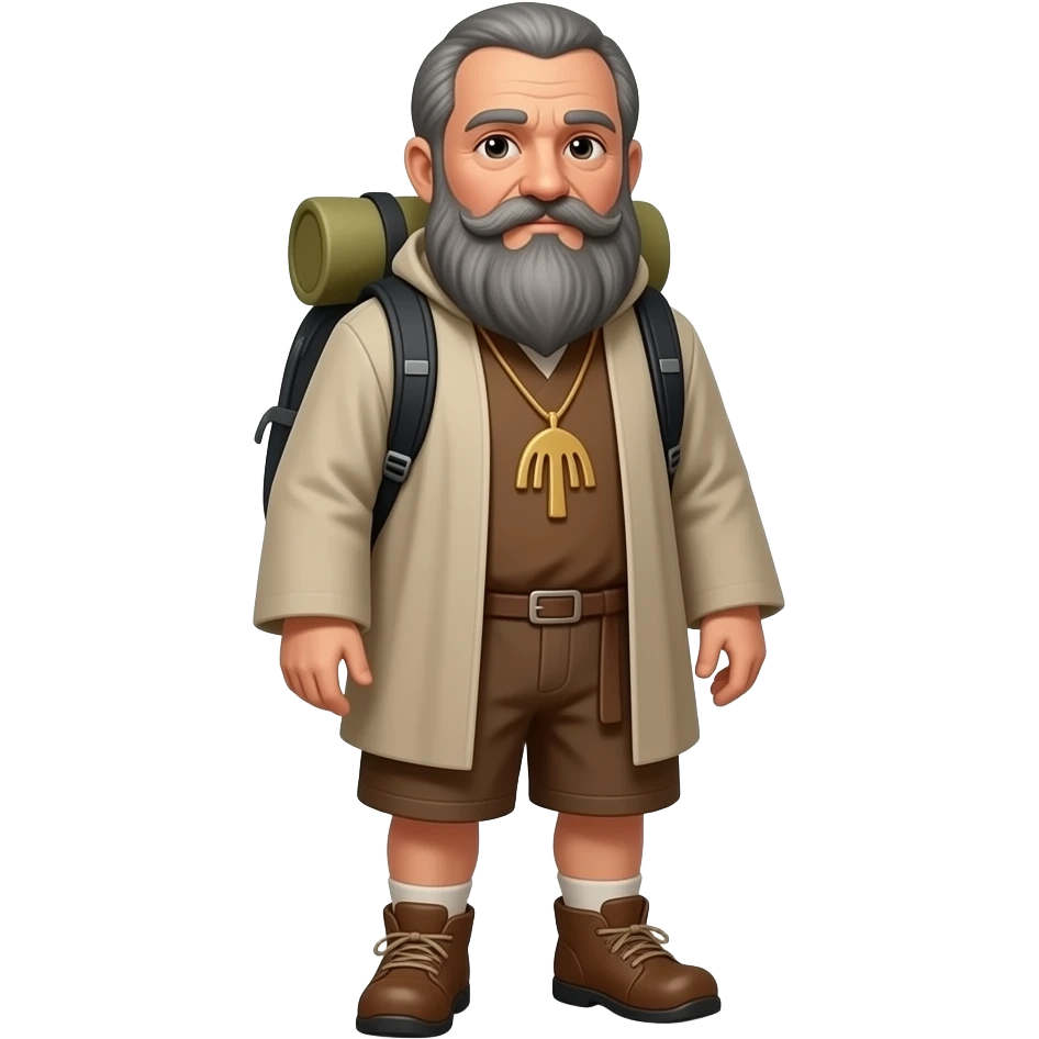 Hombre de 78 con bigote grande y mas oscuro con muchas entradasy con algo de abdomen rubia 50 Años y vestida de camino a santiago de cuerpo  entero con mochila emoji